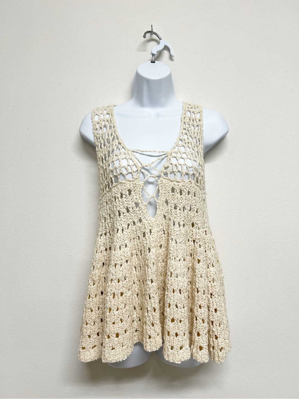 Chelsea & Violet Womens Cream Crocheted Lace Up Sleeveless Tunic Boho Top Size L